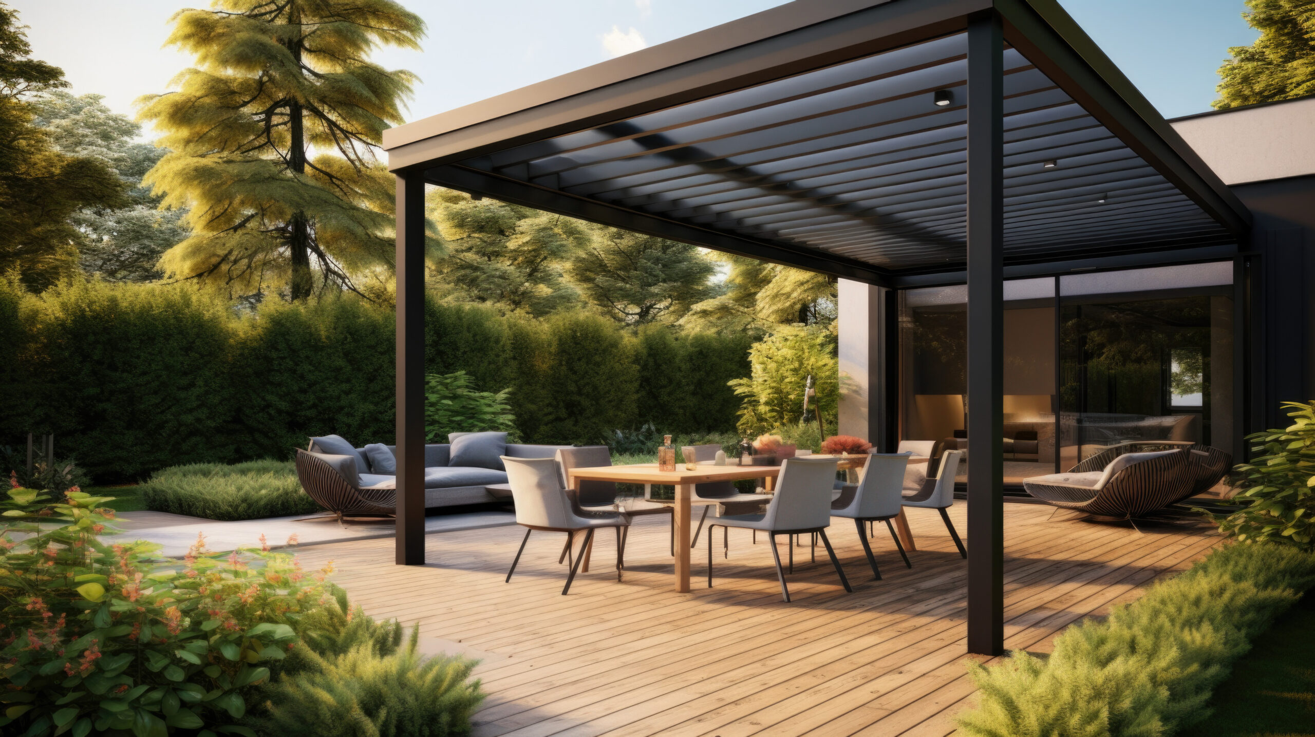 Trendy outdoor patio pergola shade structure, awning and patio roof.